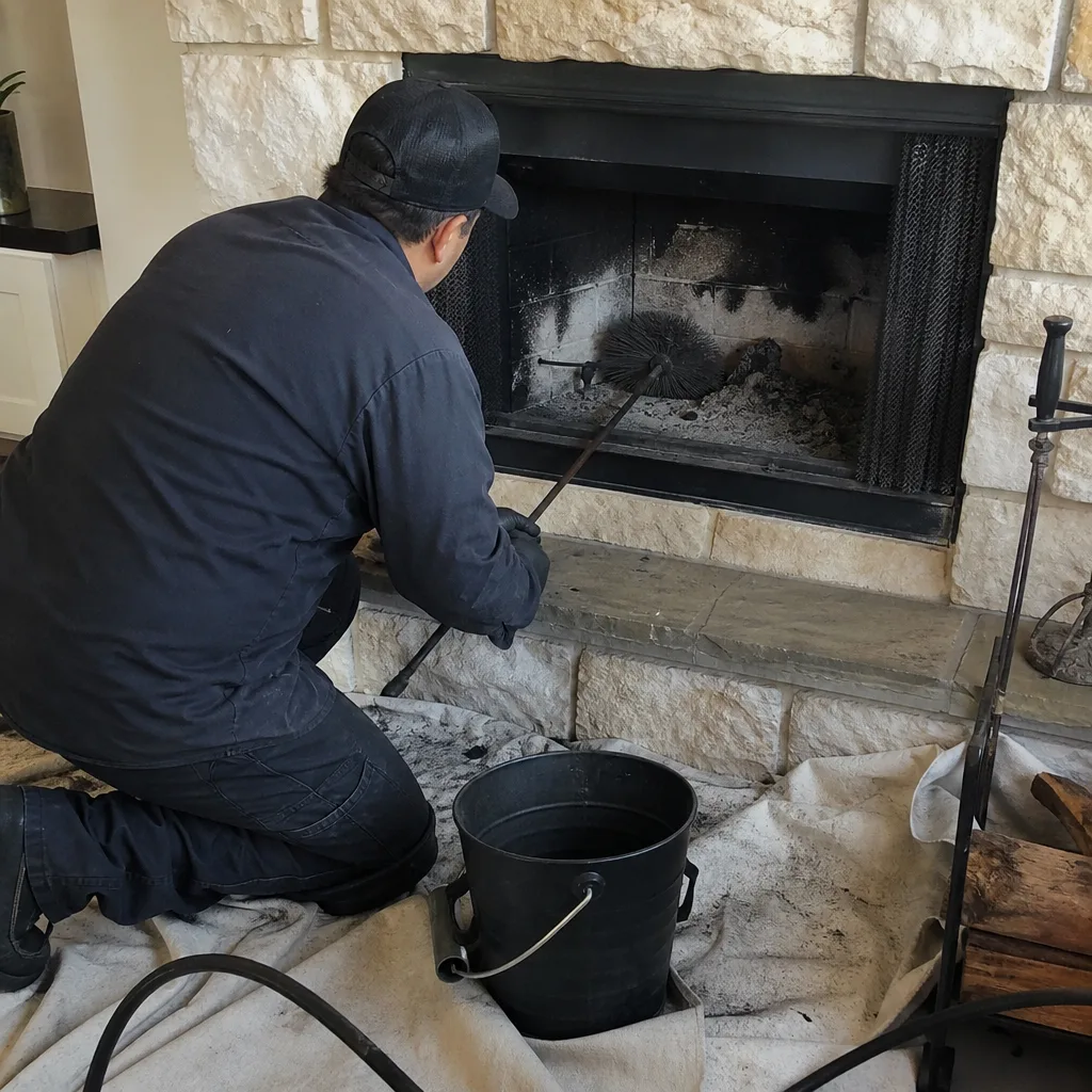Professional chimney sweep cleaning interior fireplace debris with a brush
