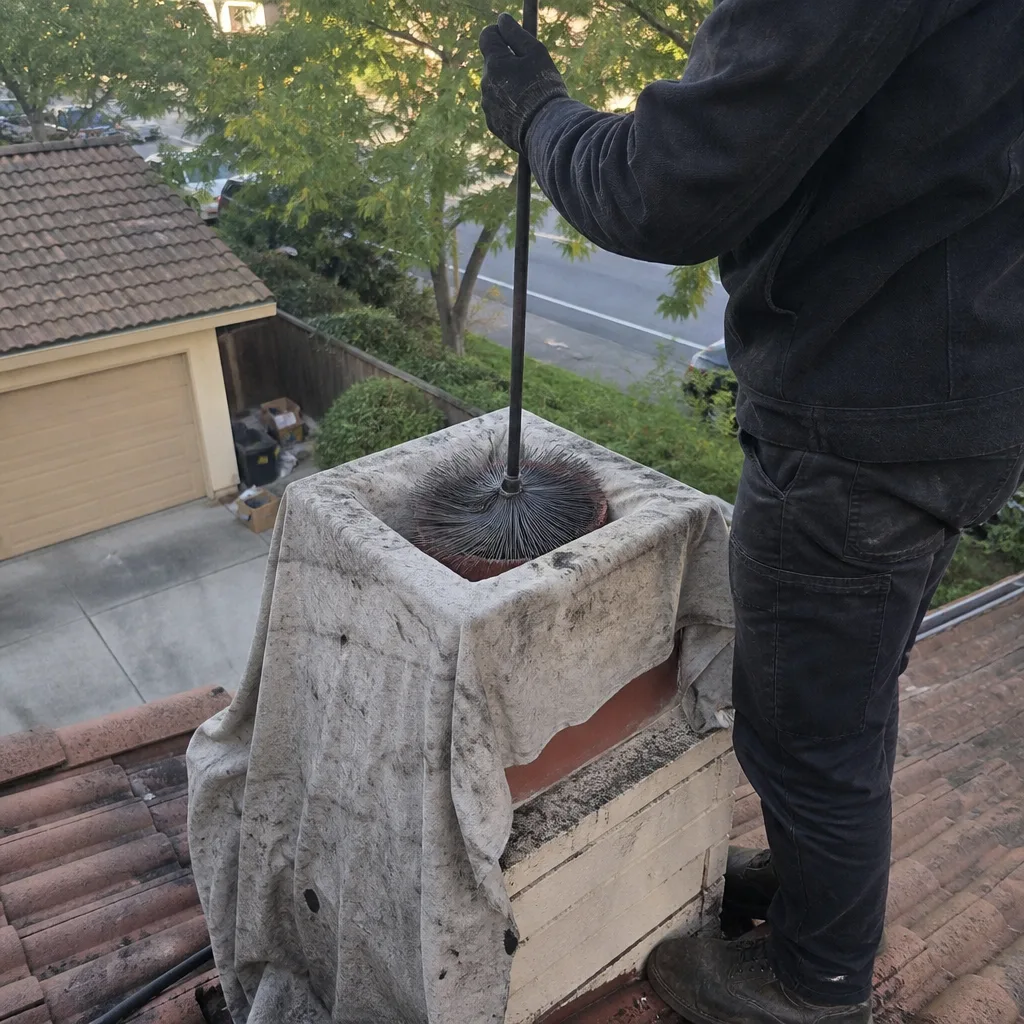 Professional chimney sweep performing a chimney cleaning service from a rooftop