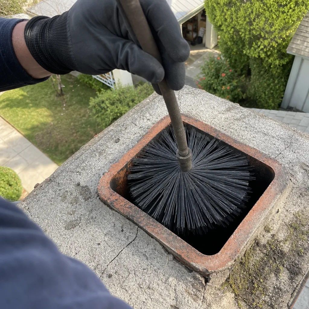 professional chimney sweep cleaning a fireplace flue with a wire brush