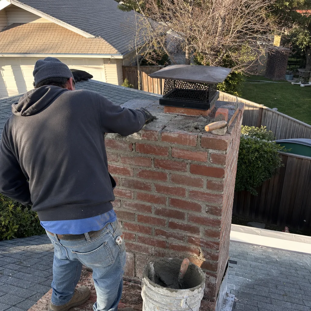 Professional mason performing brick chimney repair and mortar work on rooftop