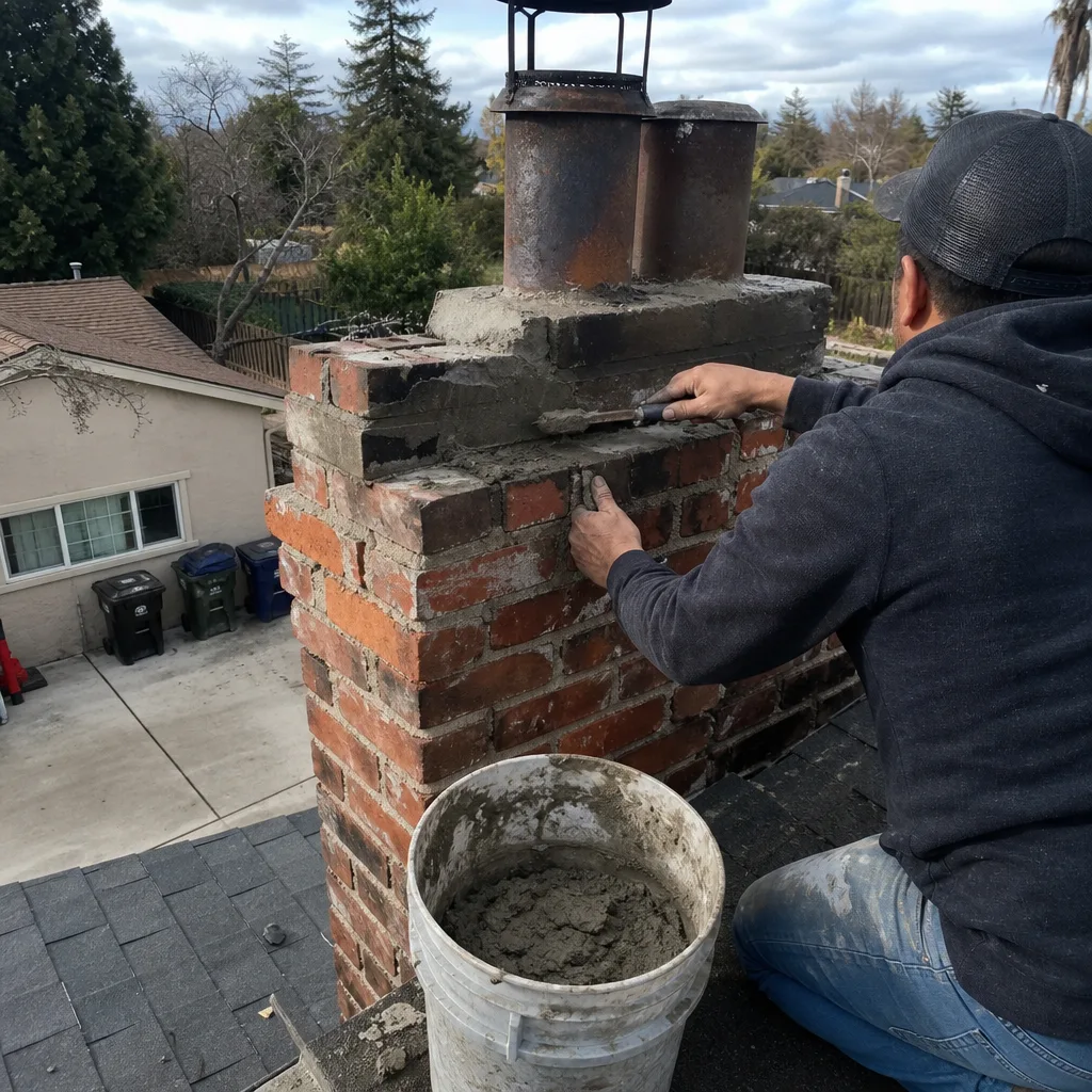 Professional mason performing brick chimney repair and mortar restoration on a rooftop.