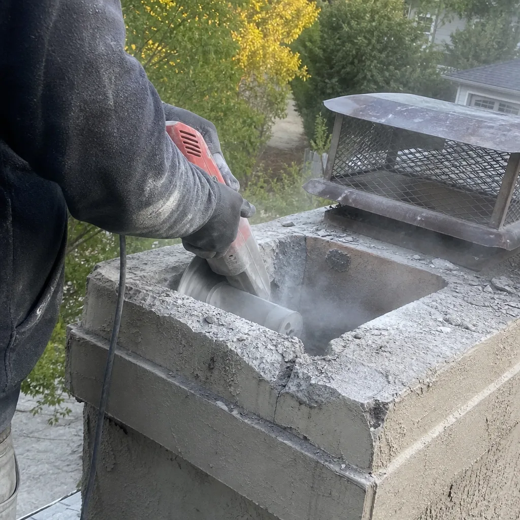 Professional contractor performing masonry chimney repair and concrete restoration on rooftop.