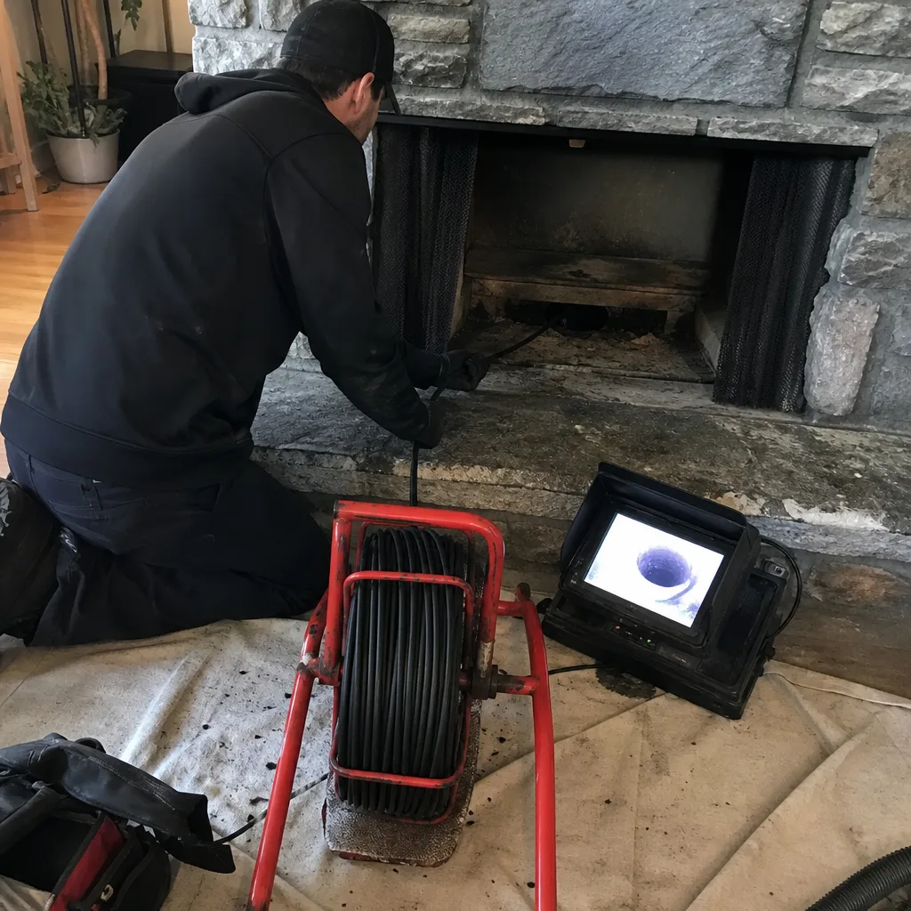 Professional technician performing a chimney inspection using a digital camera system.